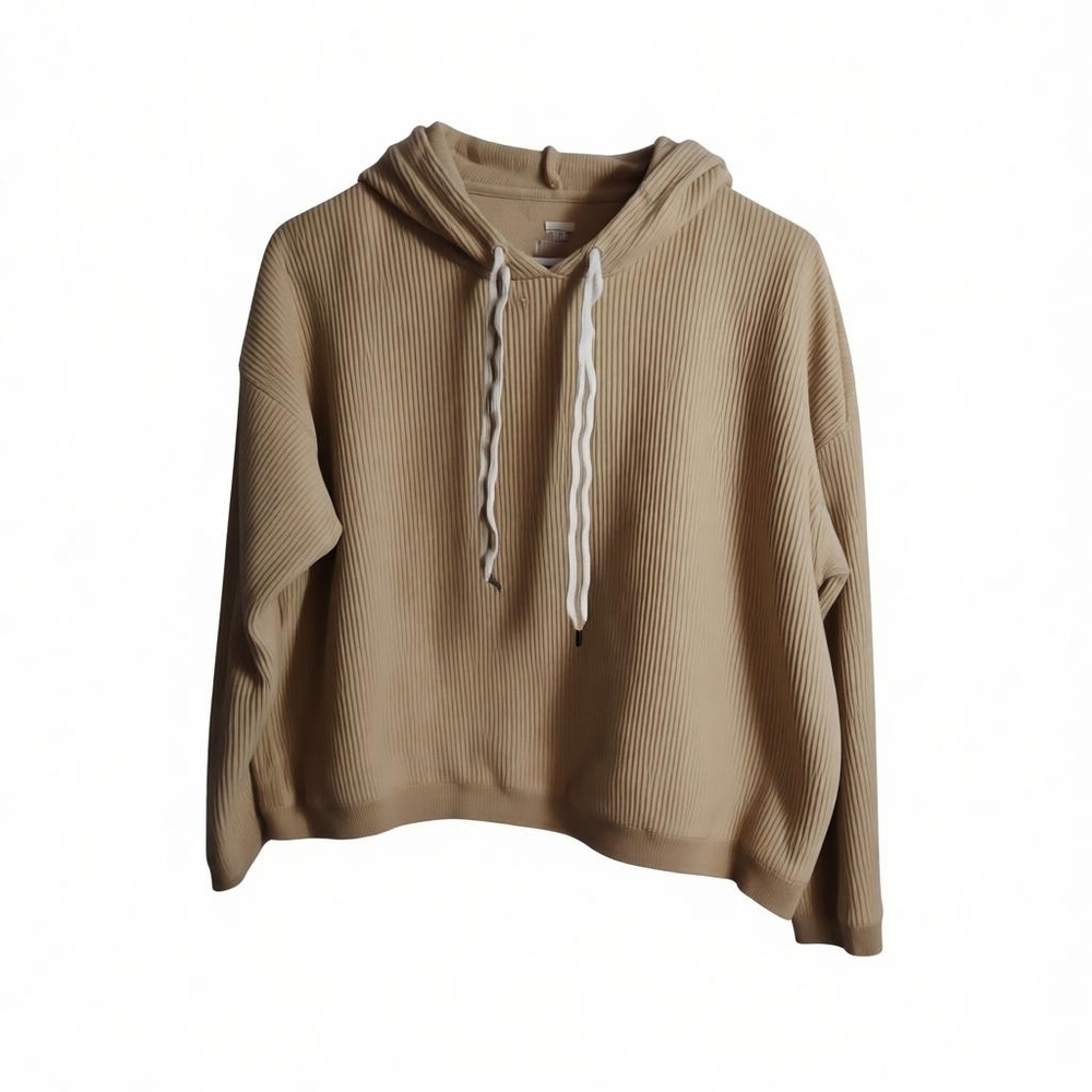 Aerie Ribbed Hooded Pullover Beige Medium